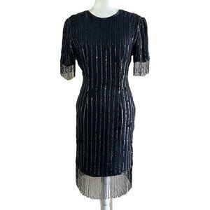 Stenay Vintage 80s Black Beaded Fringe Bodycon Party Cocktail Silk Dress